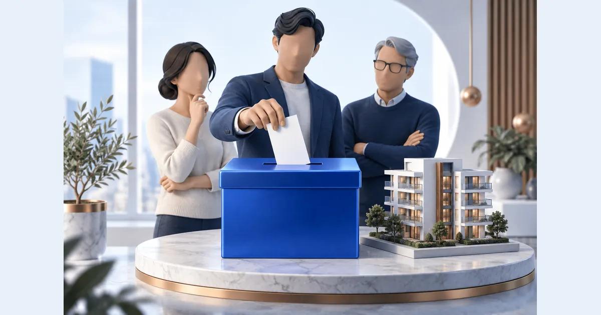 صندوق رأی آبی، برگههای انتخاب و چند نماد ساکن در برابر ساختمان