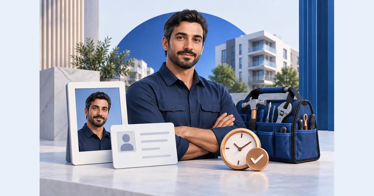 قاب تصویر شخصی متخصص در کنار کارت اطلاعات، ابزار کار و نشان بررسی پروفایل